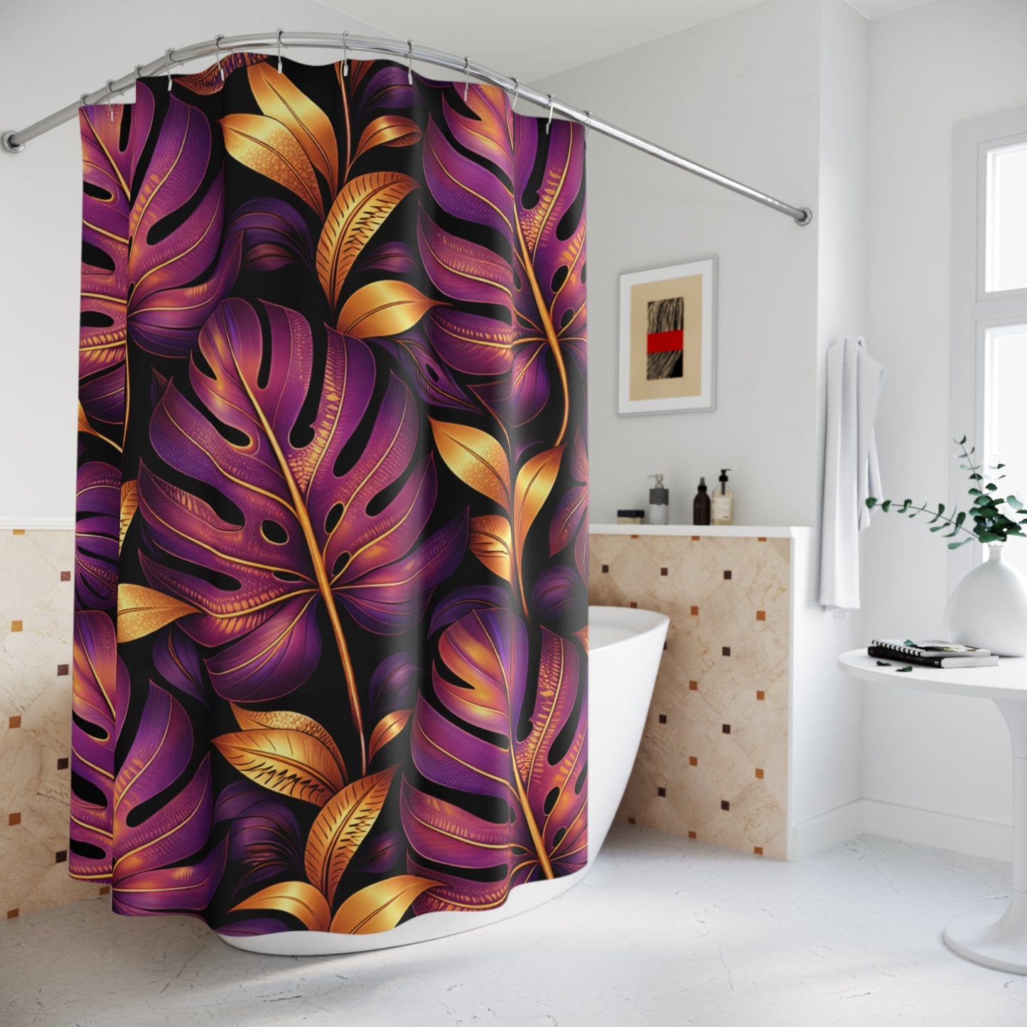 Purple & Gold Monstera Shower Curtain
