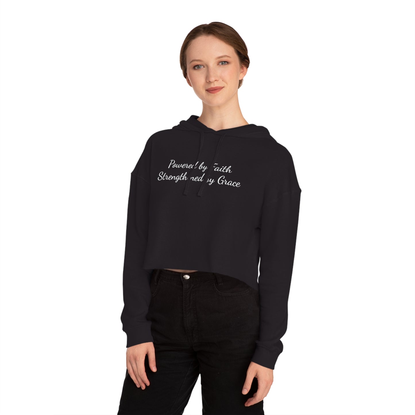 Cropped Top Hoodie — "Powered by Faith, Strengthened by Grace"