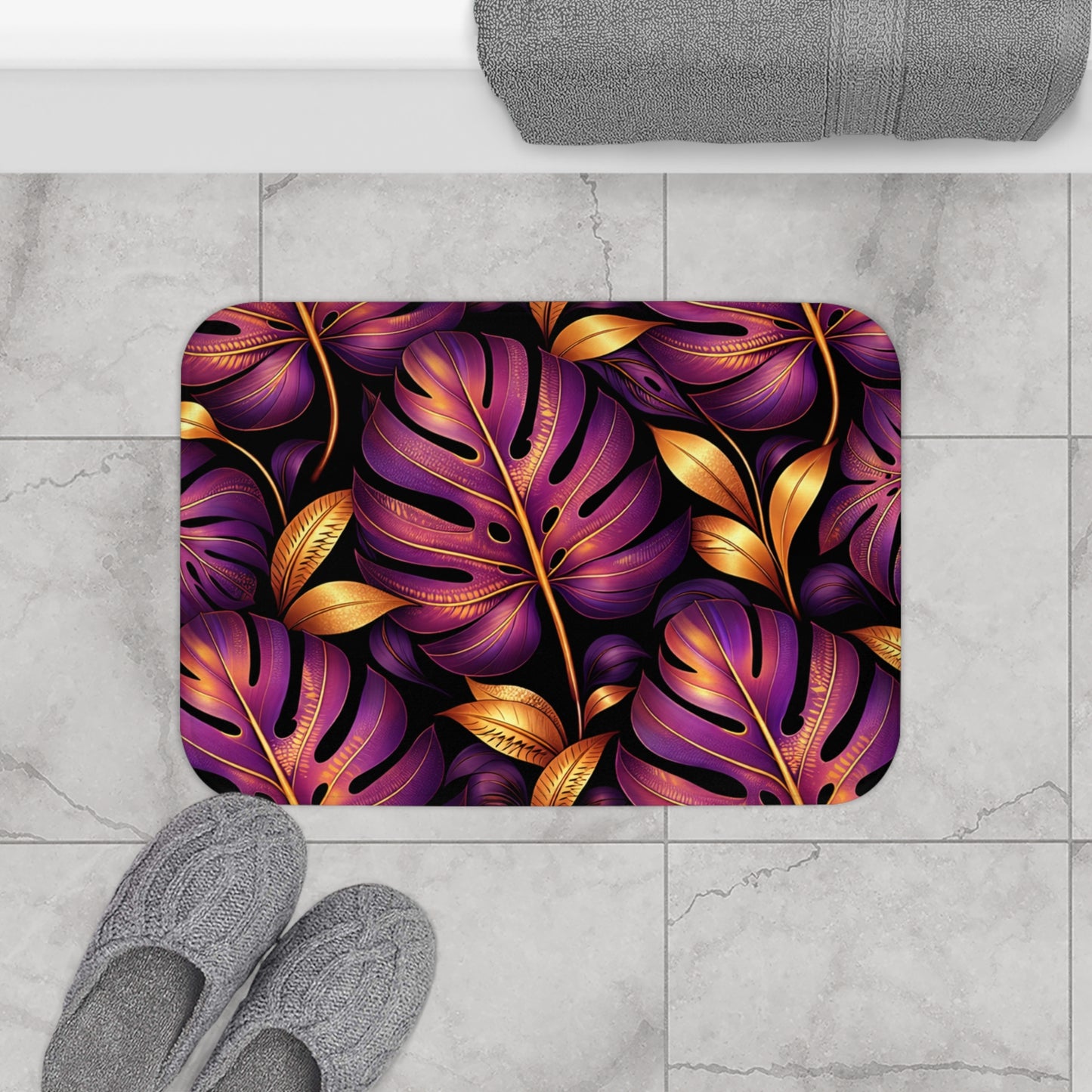 Purple & Gold Monstera Bath Mat