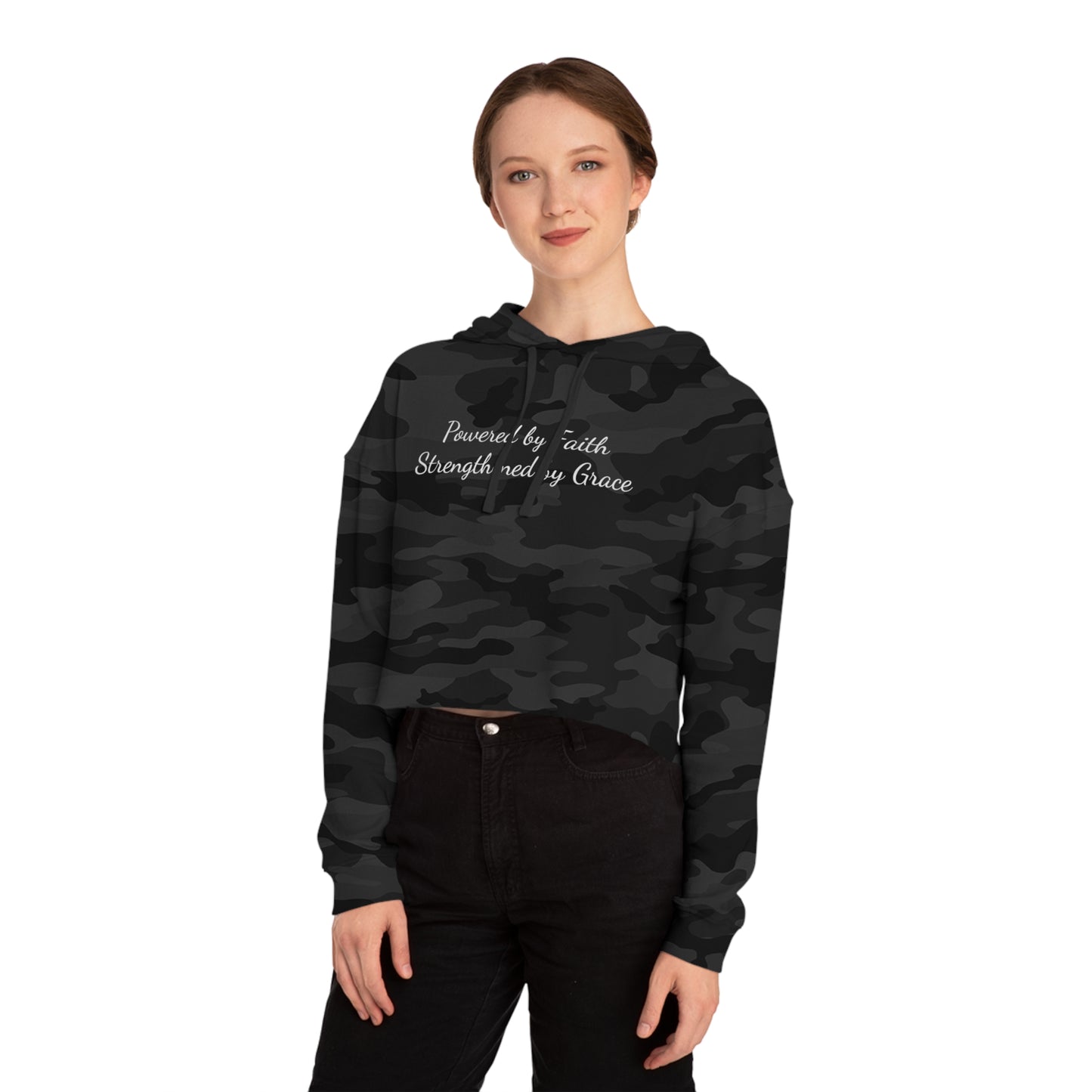 Cropped Top Hoodie — "Powered by Faith, Strengthened by Grace"
