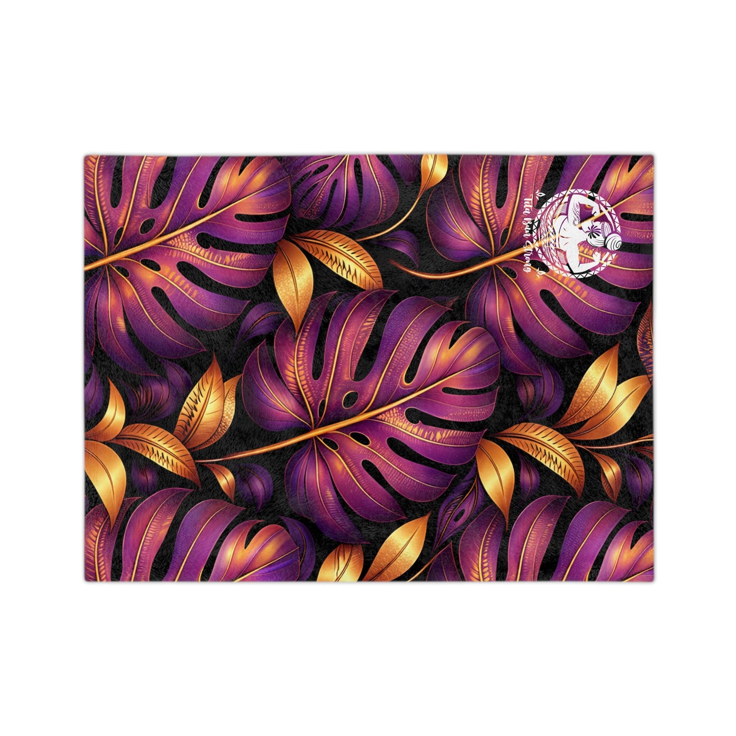 Velveteen Microfiber Blanket — Luxe Purple & Gold Tropical Monstera Throw
