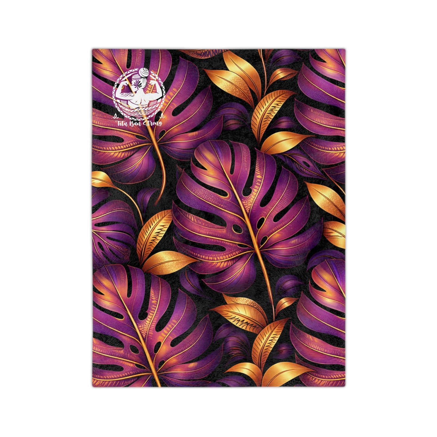 Velveteen Microfiber Blanket — Luxe Purple & Gold Tropical Monstera Throw