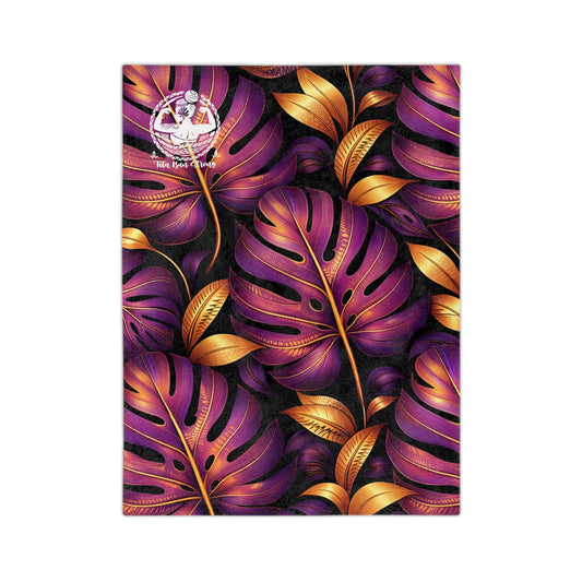 Velveteen Microfiber Blanket — Luxe Purple & Gold Tropical Monstera Throw