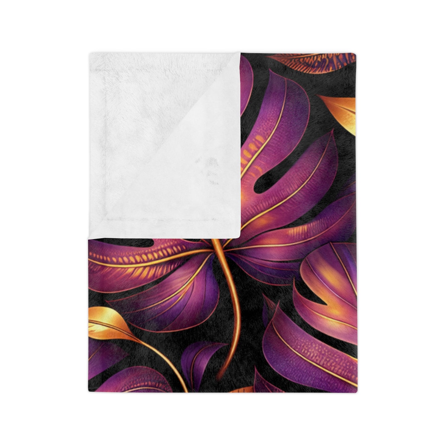 Velveteen Microfiber Blanket — Luxe Purple & Gold Tropical Monstera Throw