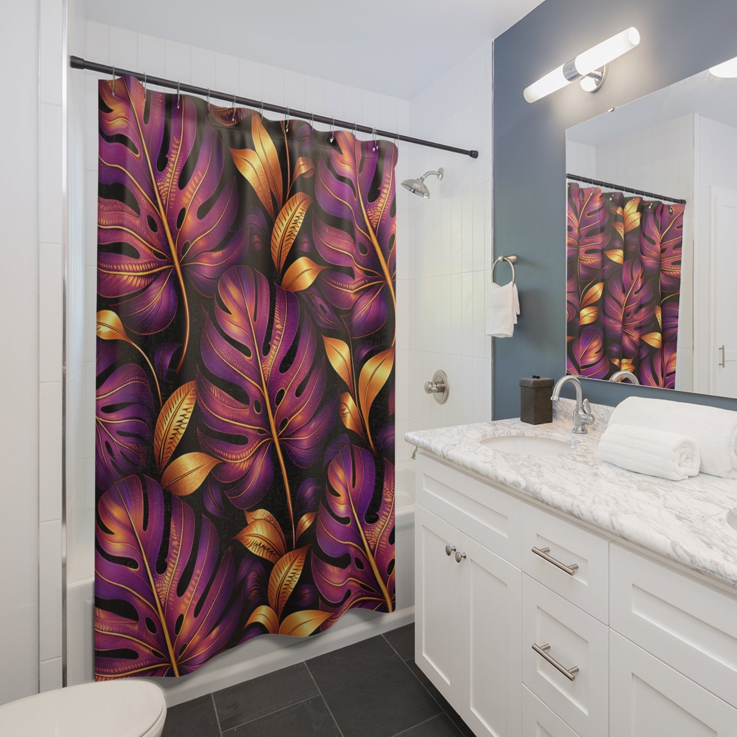 Purple & Gold Monstera Shower Curtain